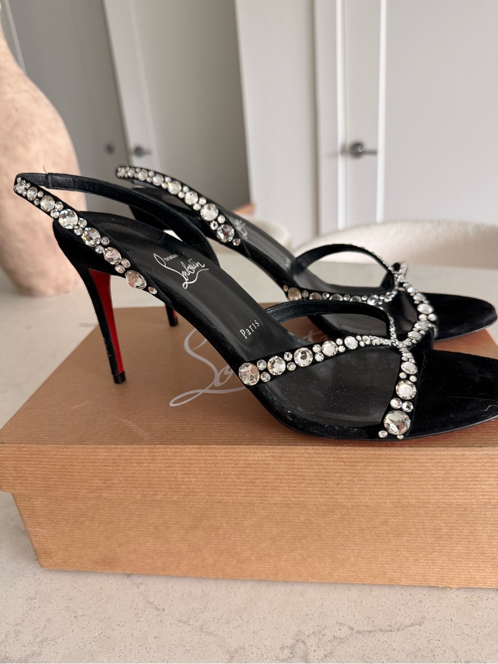 Christian Louboutin Emilie Black Crystal-Strap Evening Heels - Picture 2 of 5